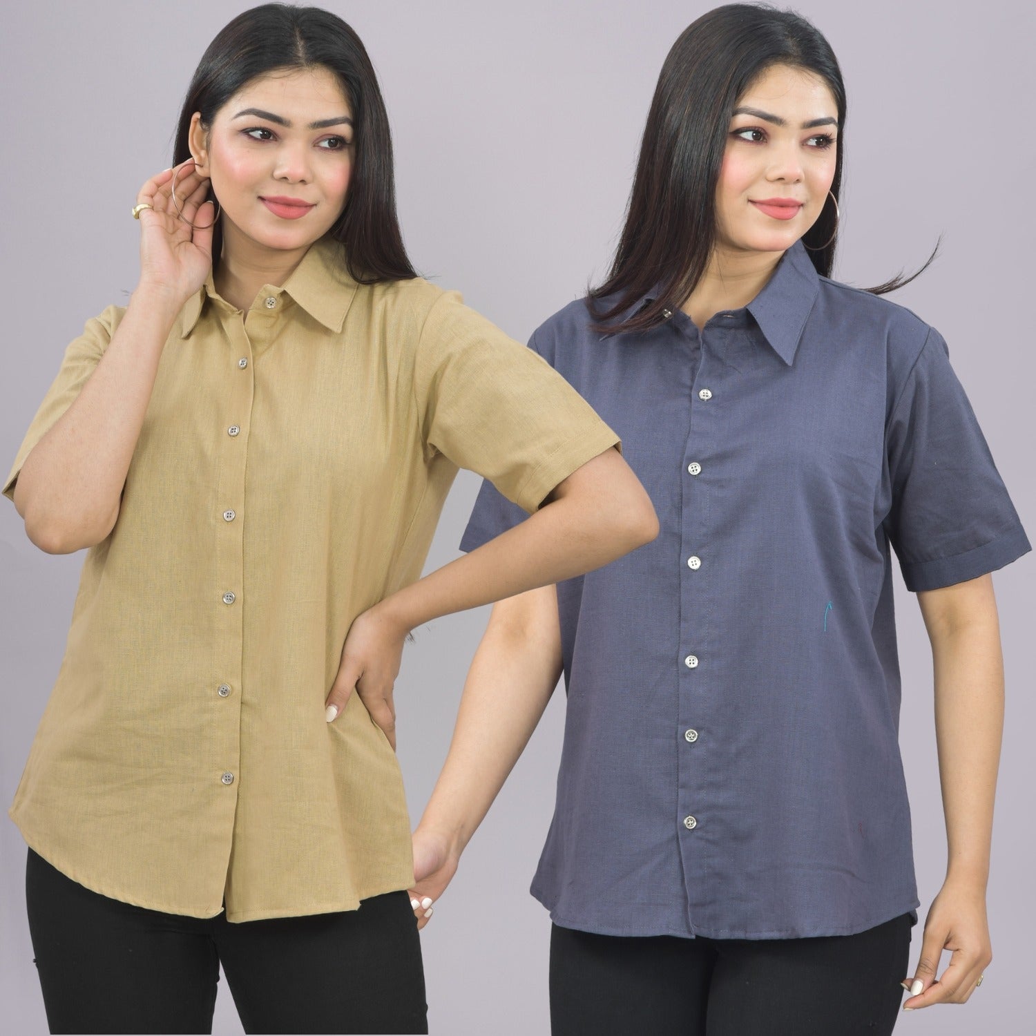 Pack Of 2 Womens Solid Beige And Grey Half Sleeve Cotton Shirts Combo ...