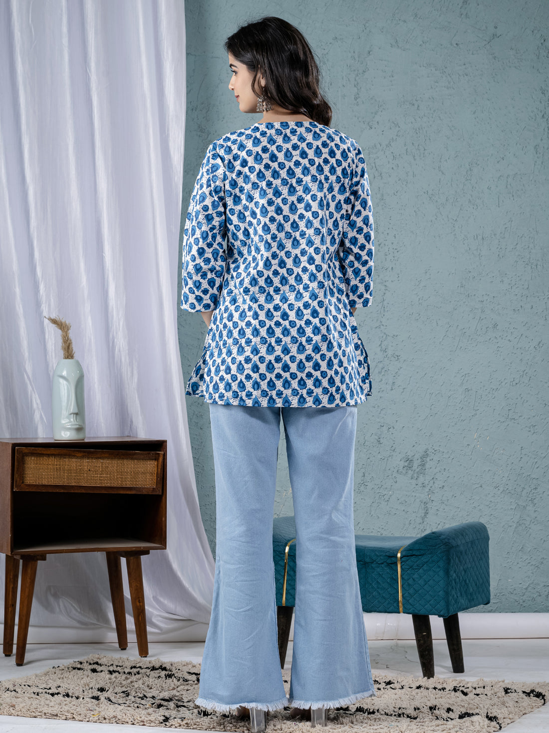 Womens Blue Sanganeri Printed Cotton Short Kurti