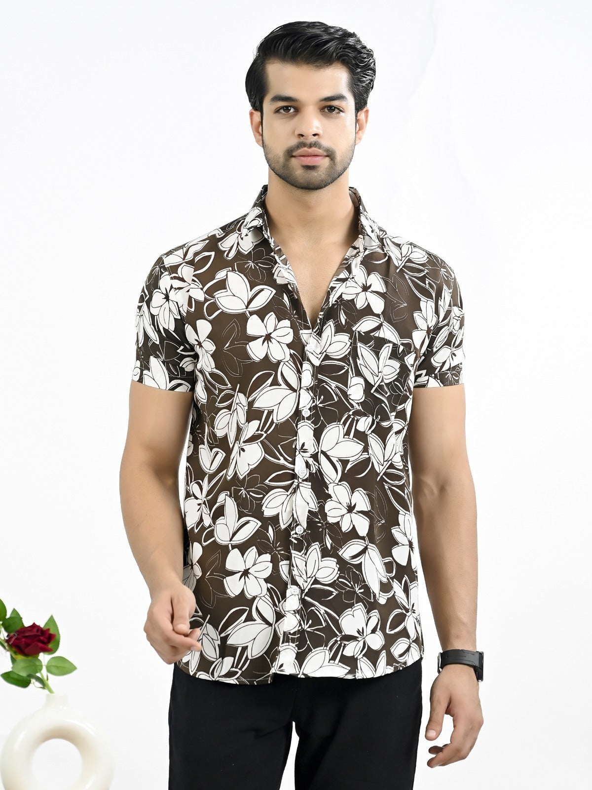 Mens Coffee Floral Printed Half Sleeve Crepe Shirt – QuaClo Mens Coffee Floral Printed Half Sleeve Crepe Shirt – QuaClo