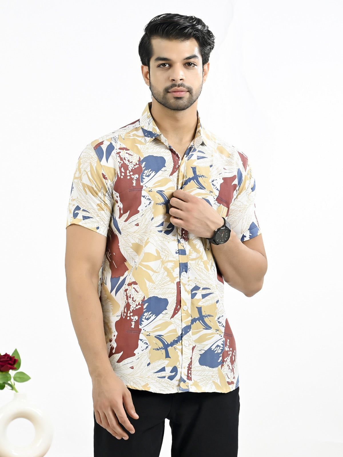 Mens Yellow Floral Printed Half Sleeve Crepe Shirt – QuaClo Mens Yellow Floral Printed Half Sleeve Crepe Shirt – QuaClo
