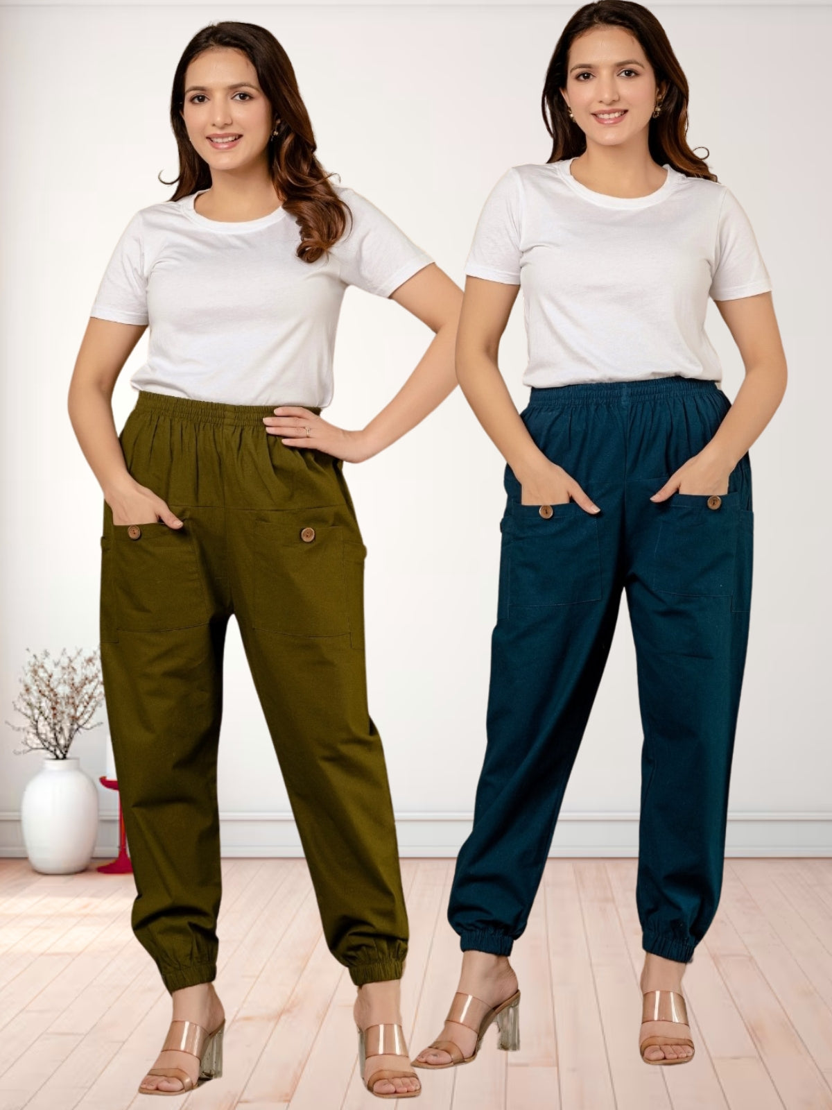 Combo Pack Of Womens Teal Blue And Dark Green Four Pocket Cotton