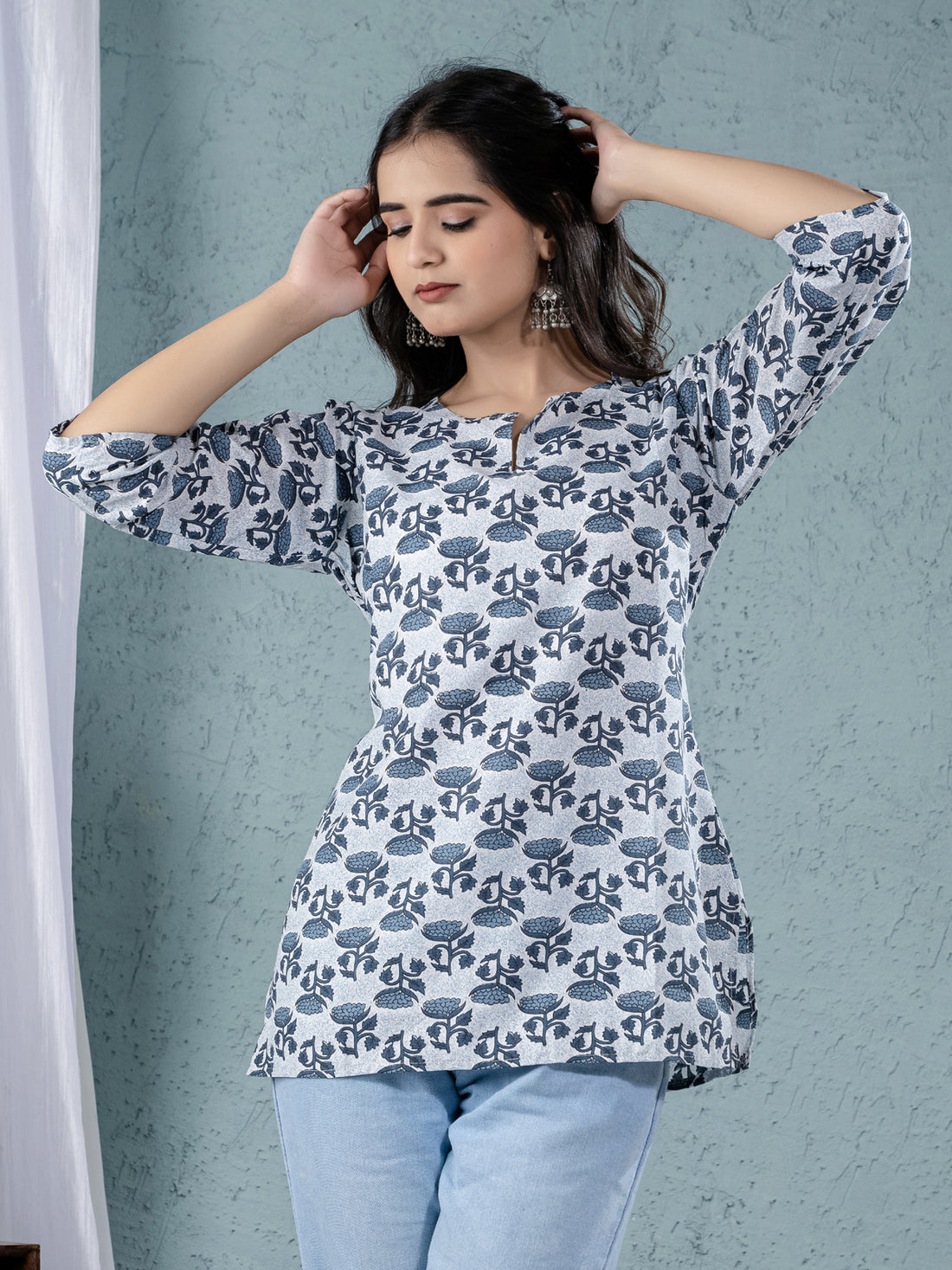 Womens Grey Sanganeri Printed Cotton Short Kurti