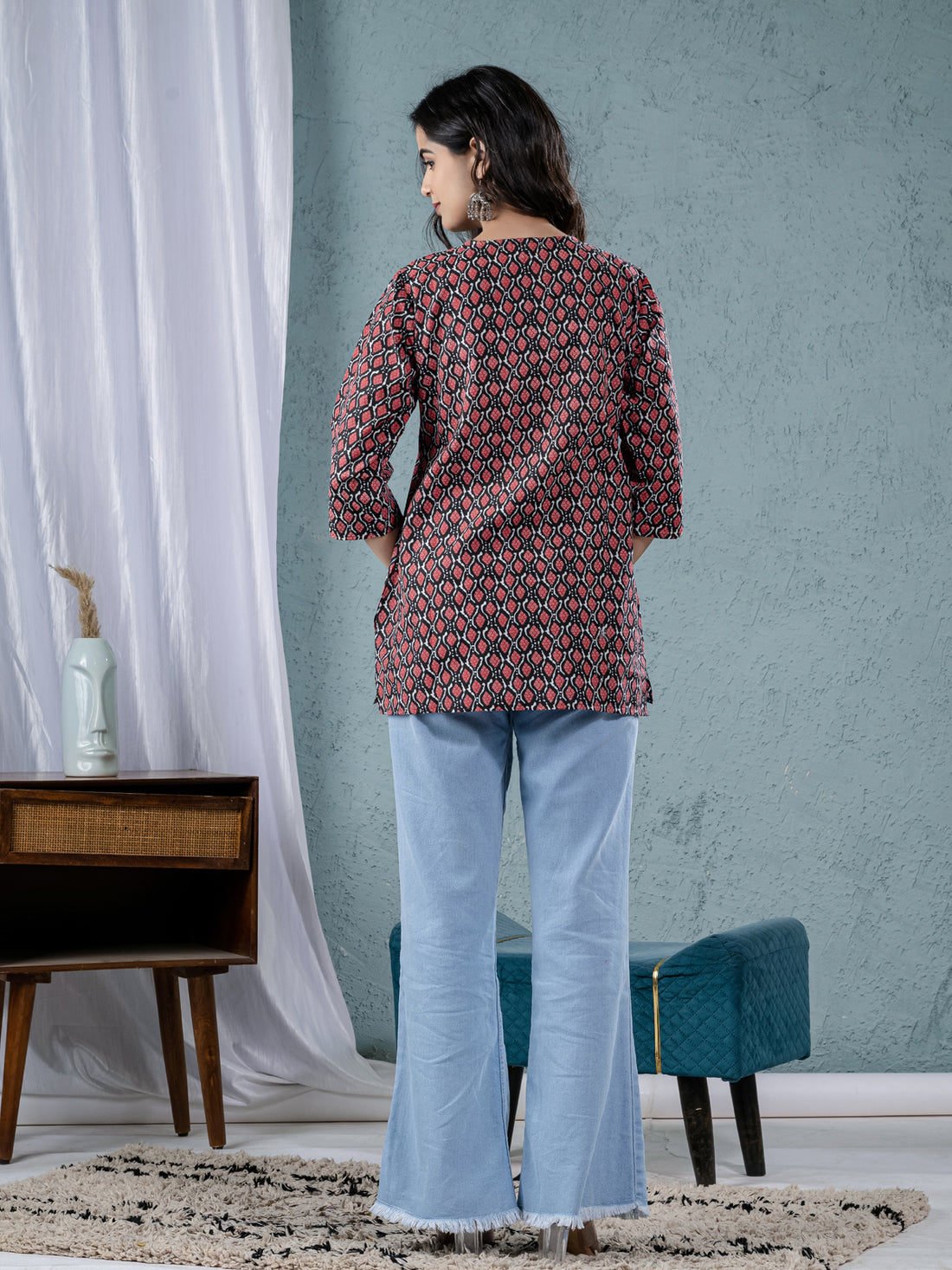 Womens Maroon Sanganeri Printed Cotton Short Kurti