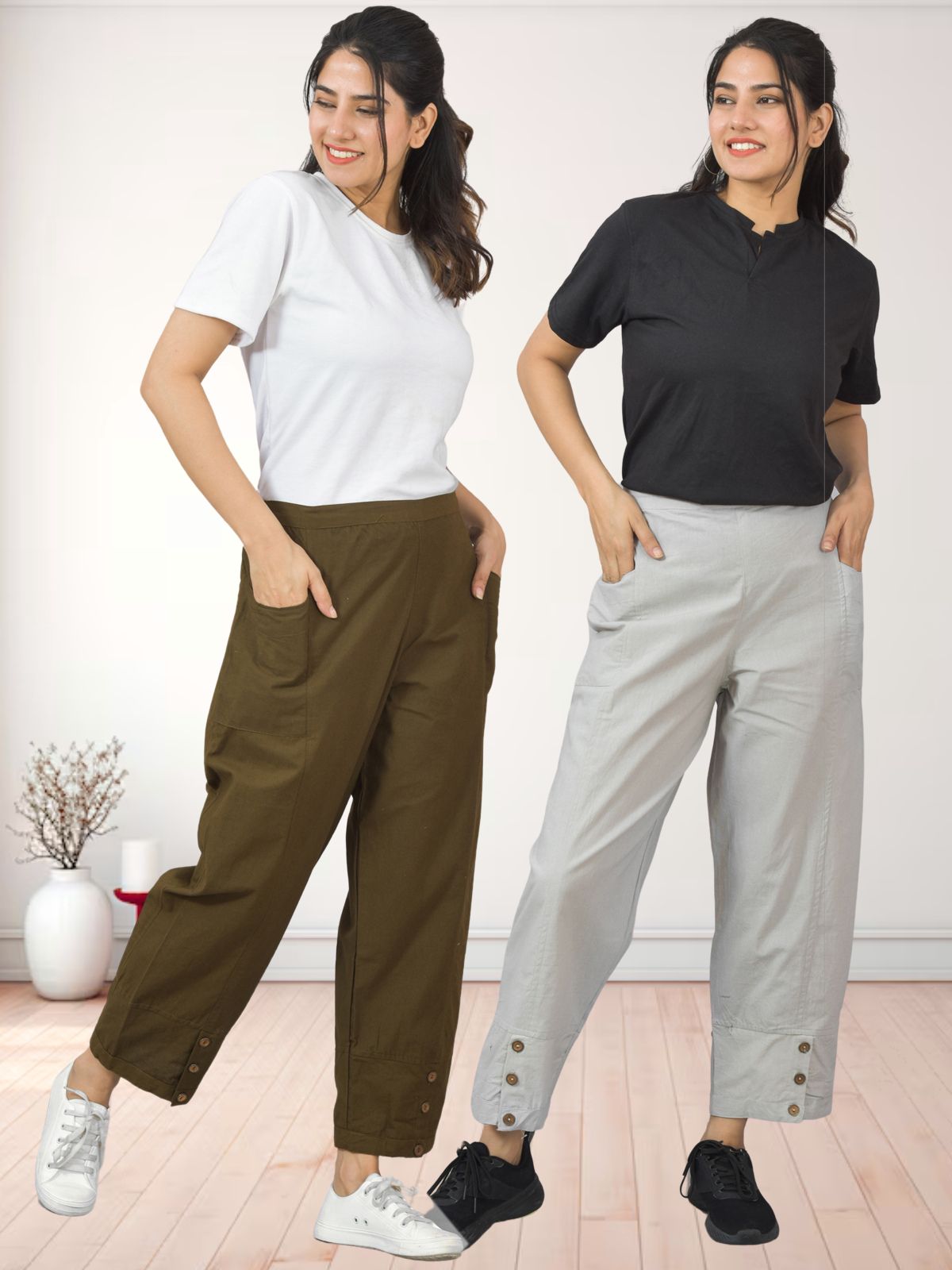 Combo Pack Of Womens Mehndi Green And Melange Grey Side Pocket Straight Cargo Pants