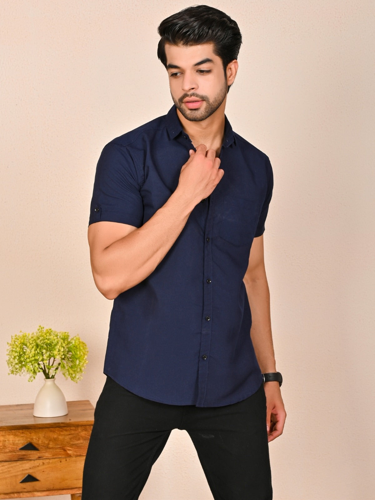 Mens solid Navy Blue Half Sleeve Cotton shirt – QuaClo