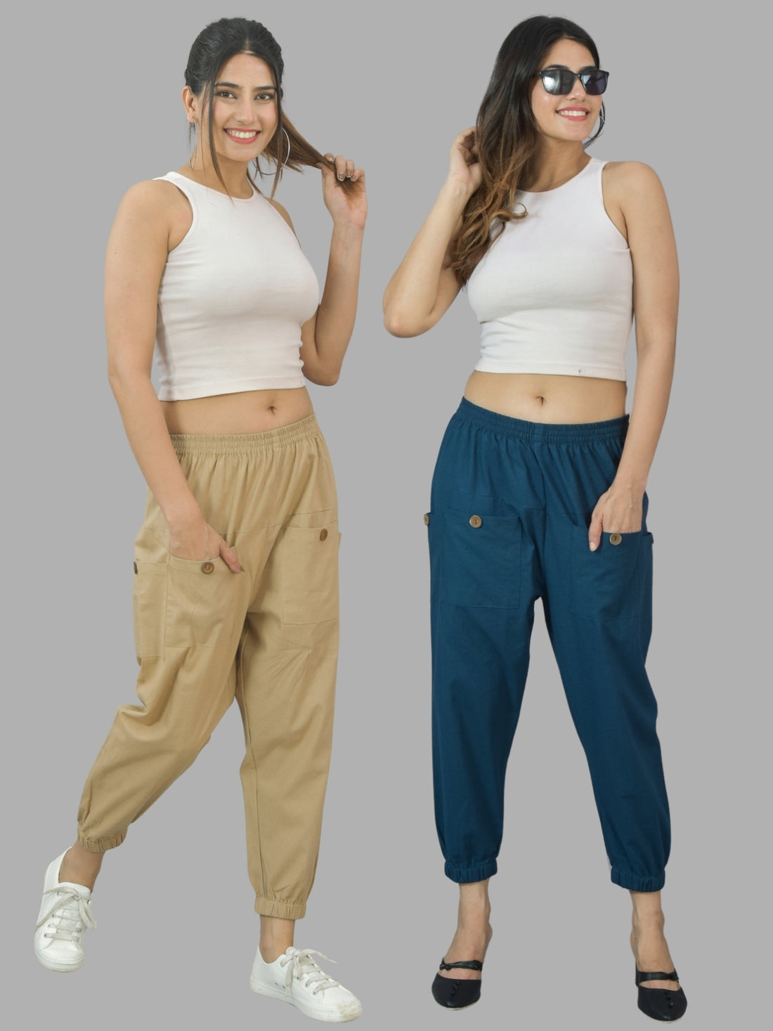 Combo Pack Of Womens Beige And Teal Blue Four Pocket Cotton Cargo Pants