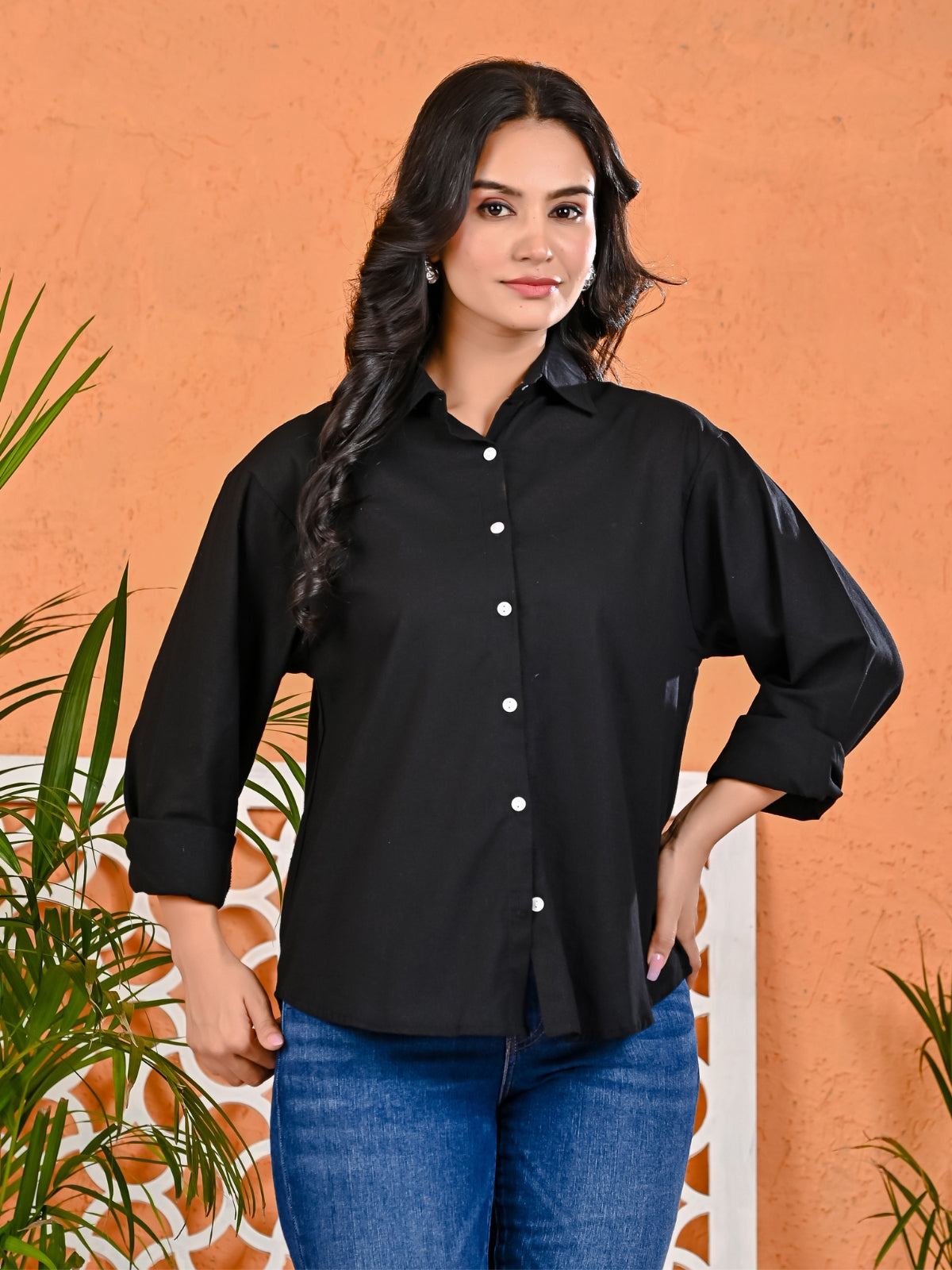 Womens Solid Black Loose Fit Cotton Shirt