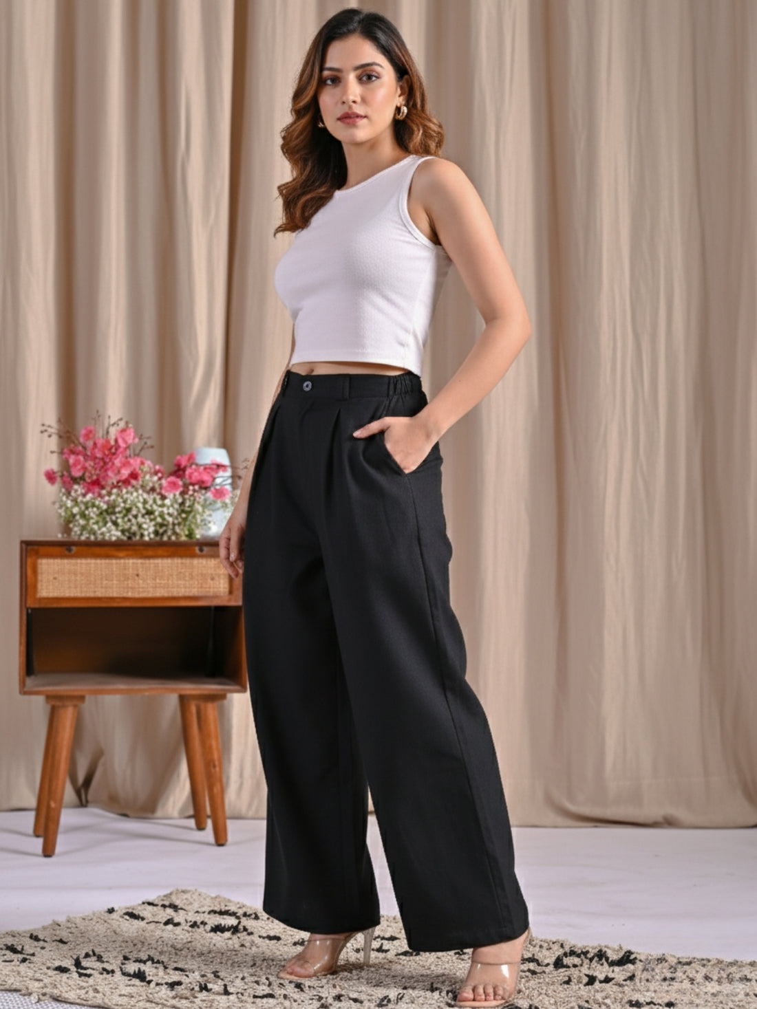 Womens Black Cotton Wide Leg Pants