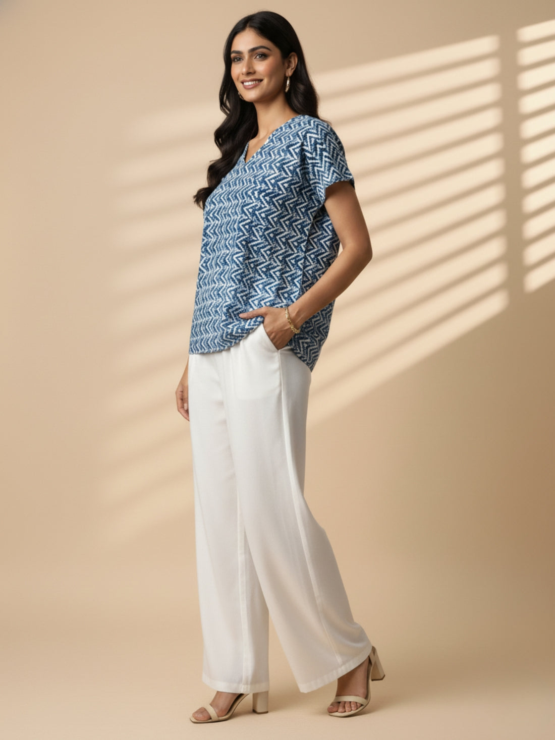 Pack Of 2 Womens Blue Zig-Zag And Pink White Airy Linen Cotton Printed Tops