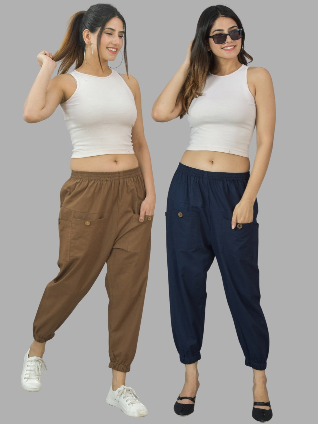 Combo Pack Of Womens Brown And Dark Blue Four Pocket Cotton Cargo Pants