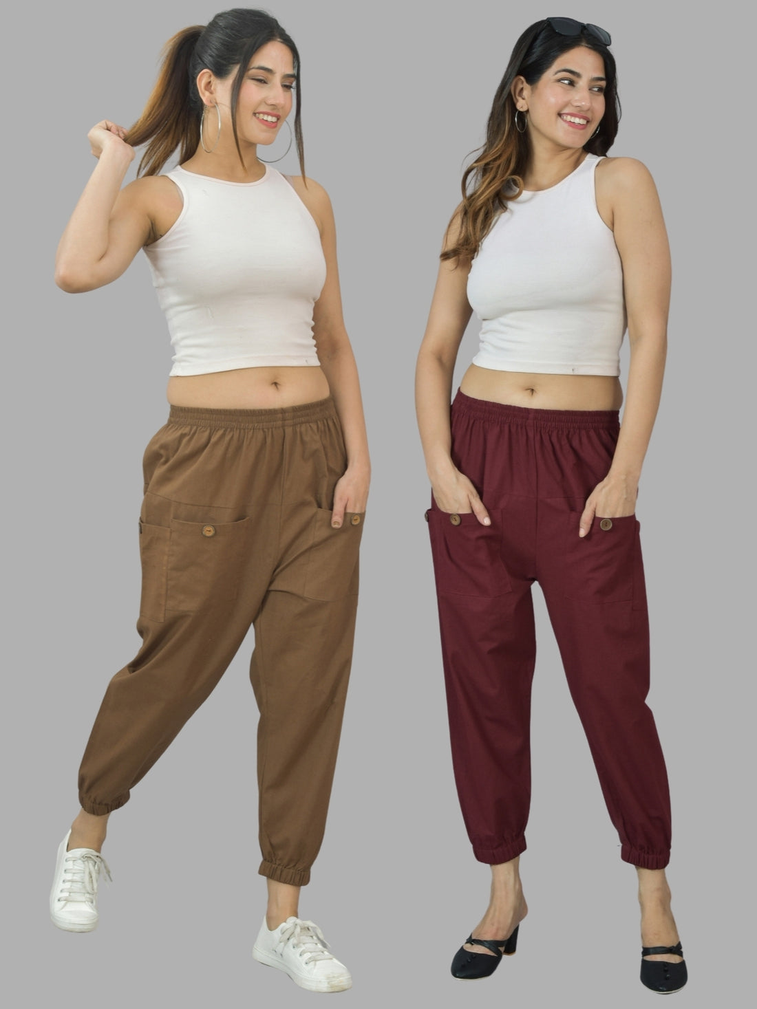 Combo Pack Of Womens Brown And Maroon Four Pocket Cotton Cargo Pants