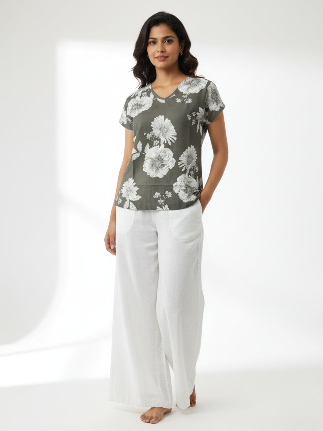 Cream Airy Linen Cotton Printed Short Kurti/Top