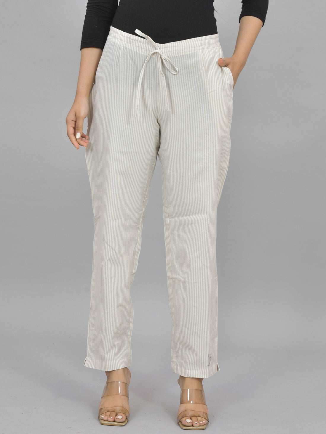 Pack Of 3 Womens Cream, Multicolor, Pink Cotton Stripe Trousers Combo