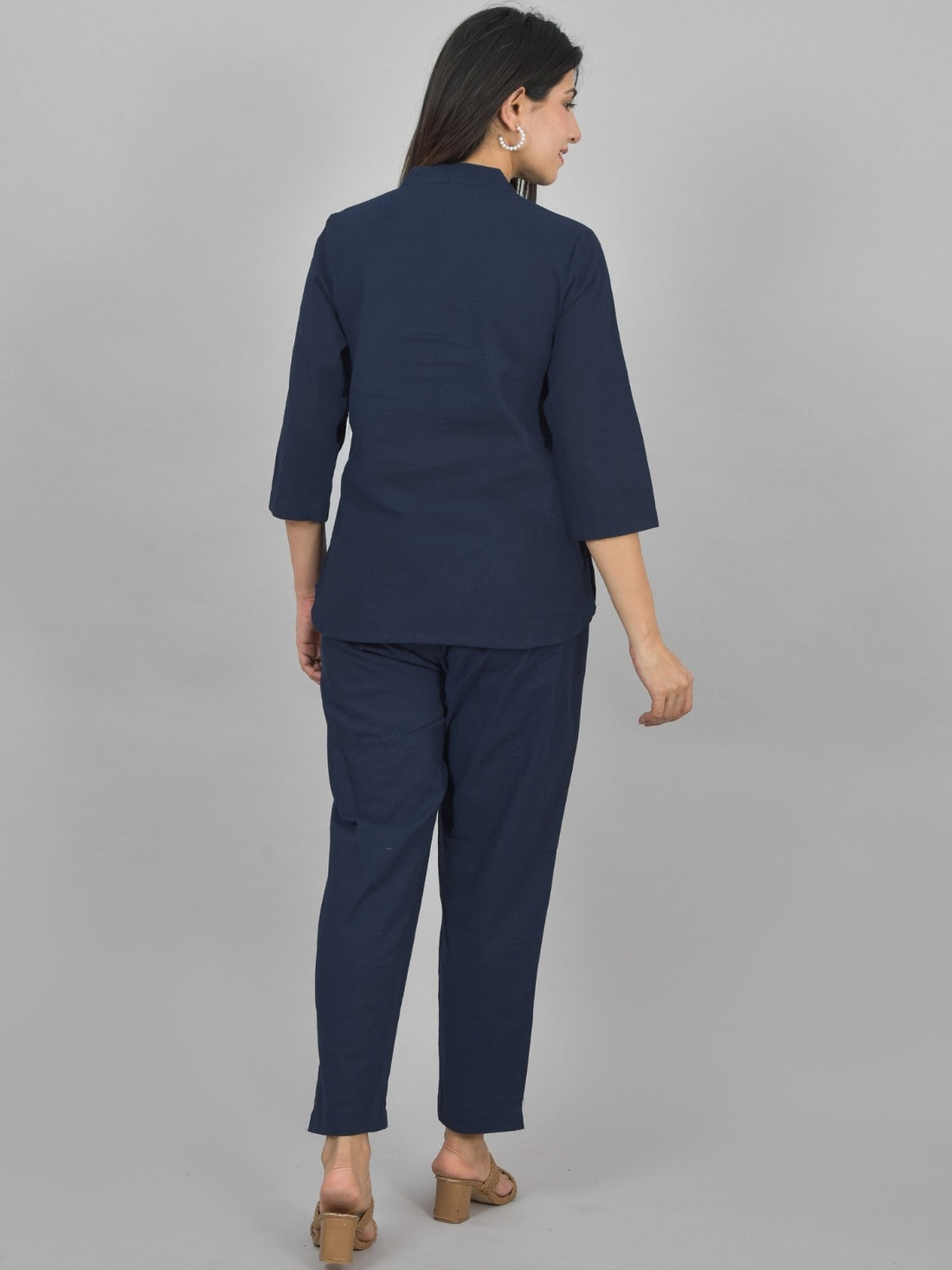 Womens Solid Dark Blue Cotton Top-Pyjama Co-Ords Set