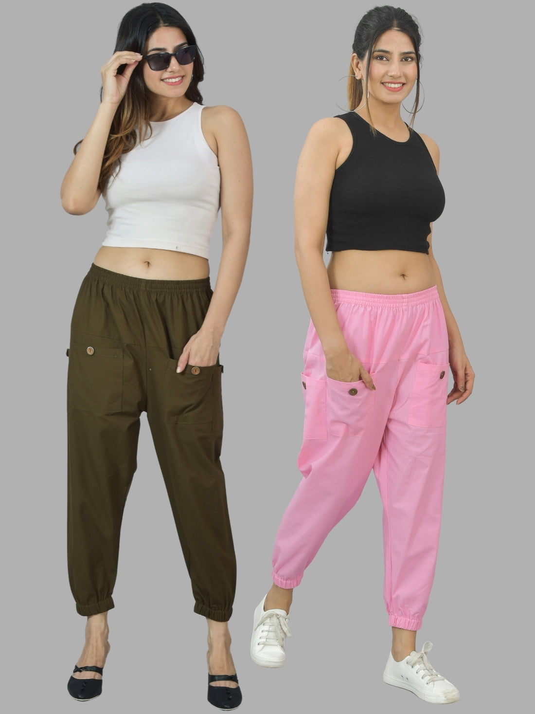 Combo Pack Of Womens Dark Green And Pink Four Pocket Cotton Cargo Pants