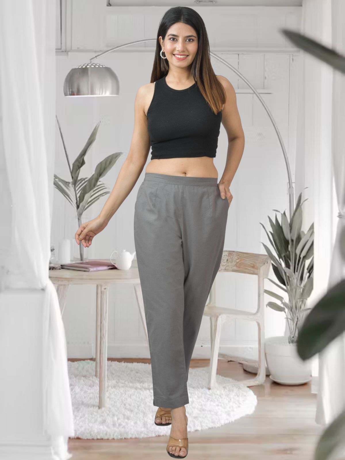 roughlow sizeless half pants （gray） Grey Half Elastic Airy Linen Cotton Pants – QuaClo