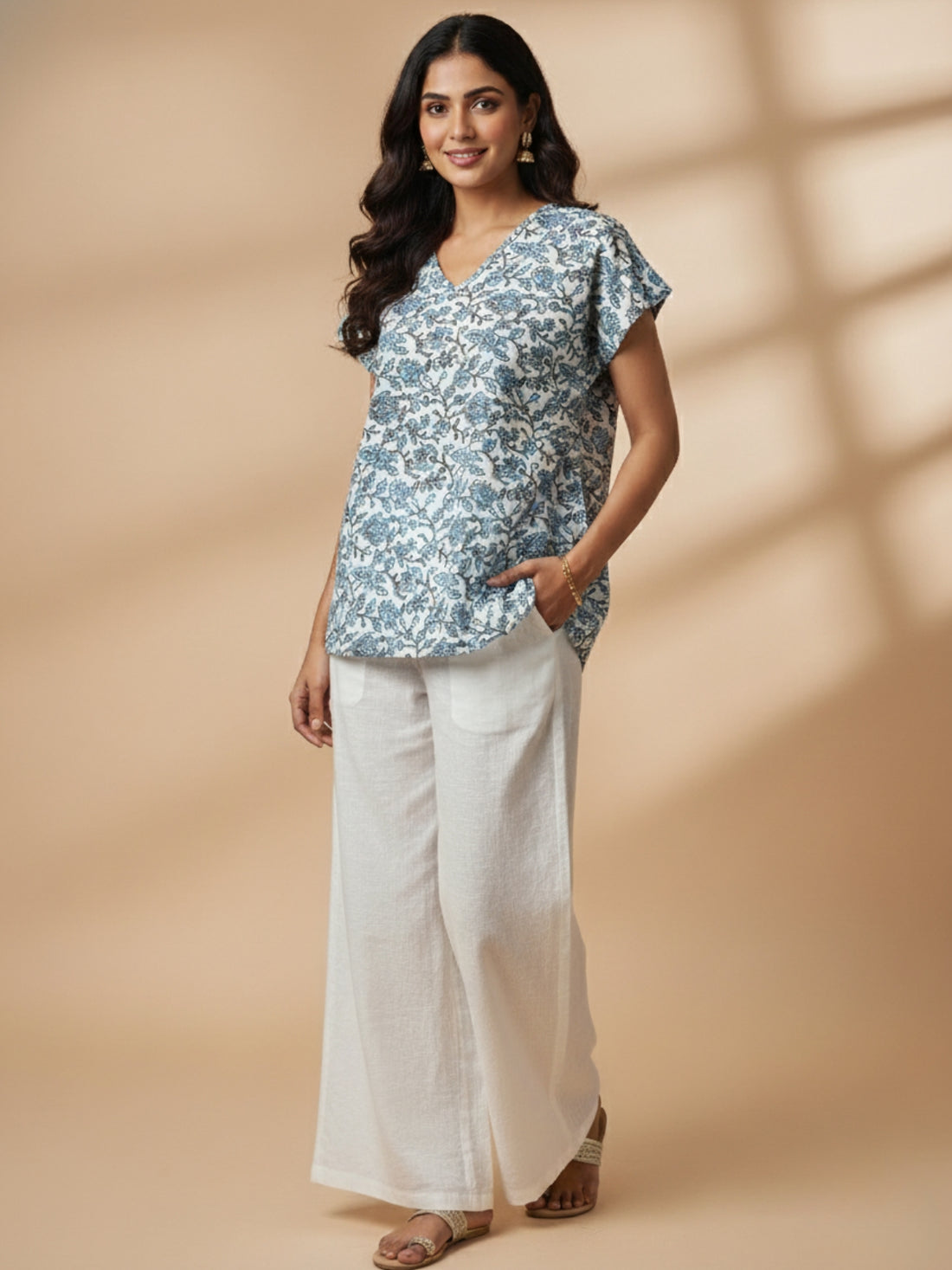 Light Grey Airy Linen Cotton Printed Short Kurti/Top