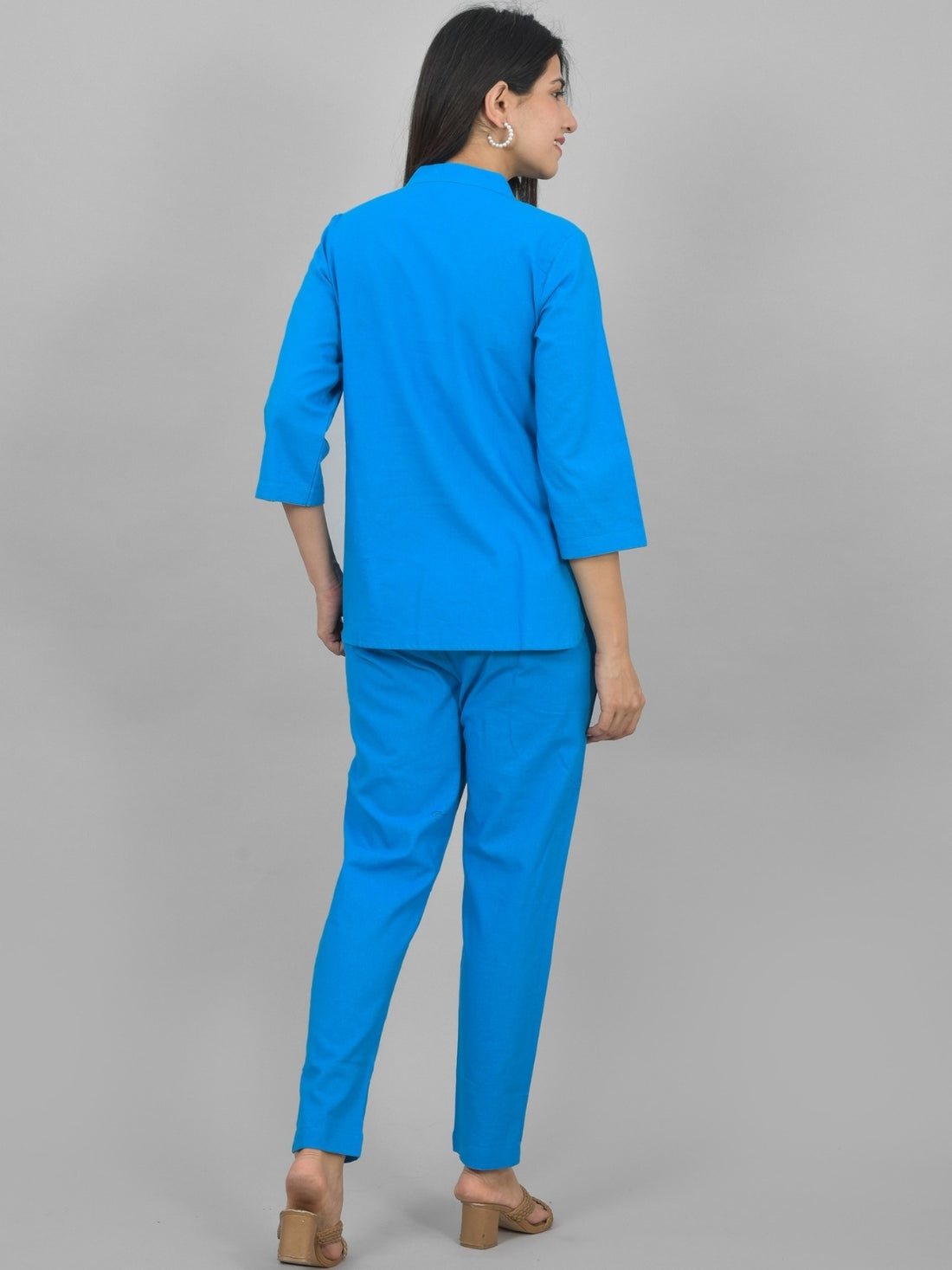Womens Solid Light Blue Cotton Top-Pyjama Co-Ords Set