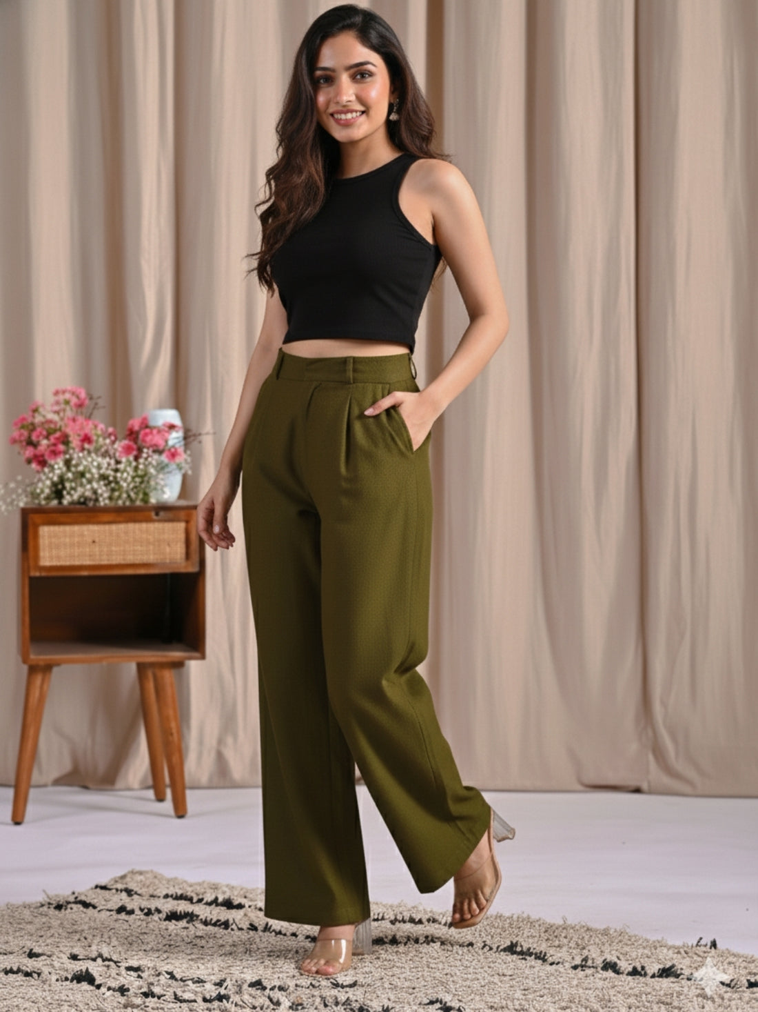 Womens Mehendi Green Cotton Wide Leg Pants