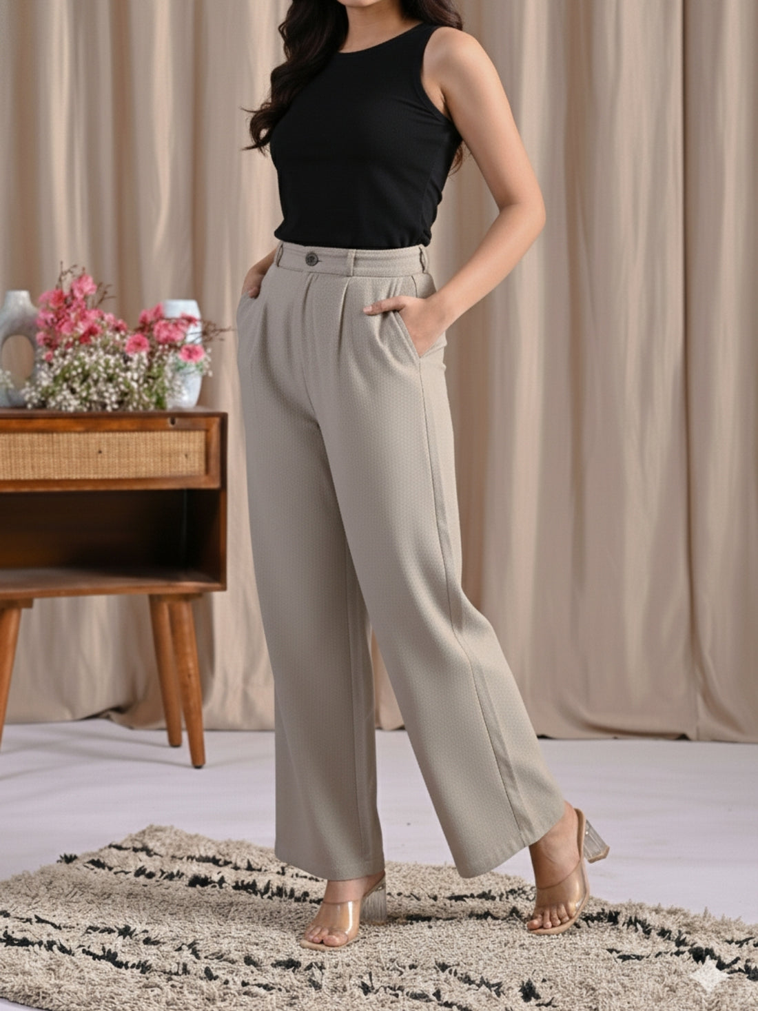 Womens Melange Grey Cotton Wide Leg Pants