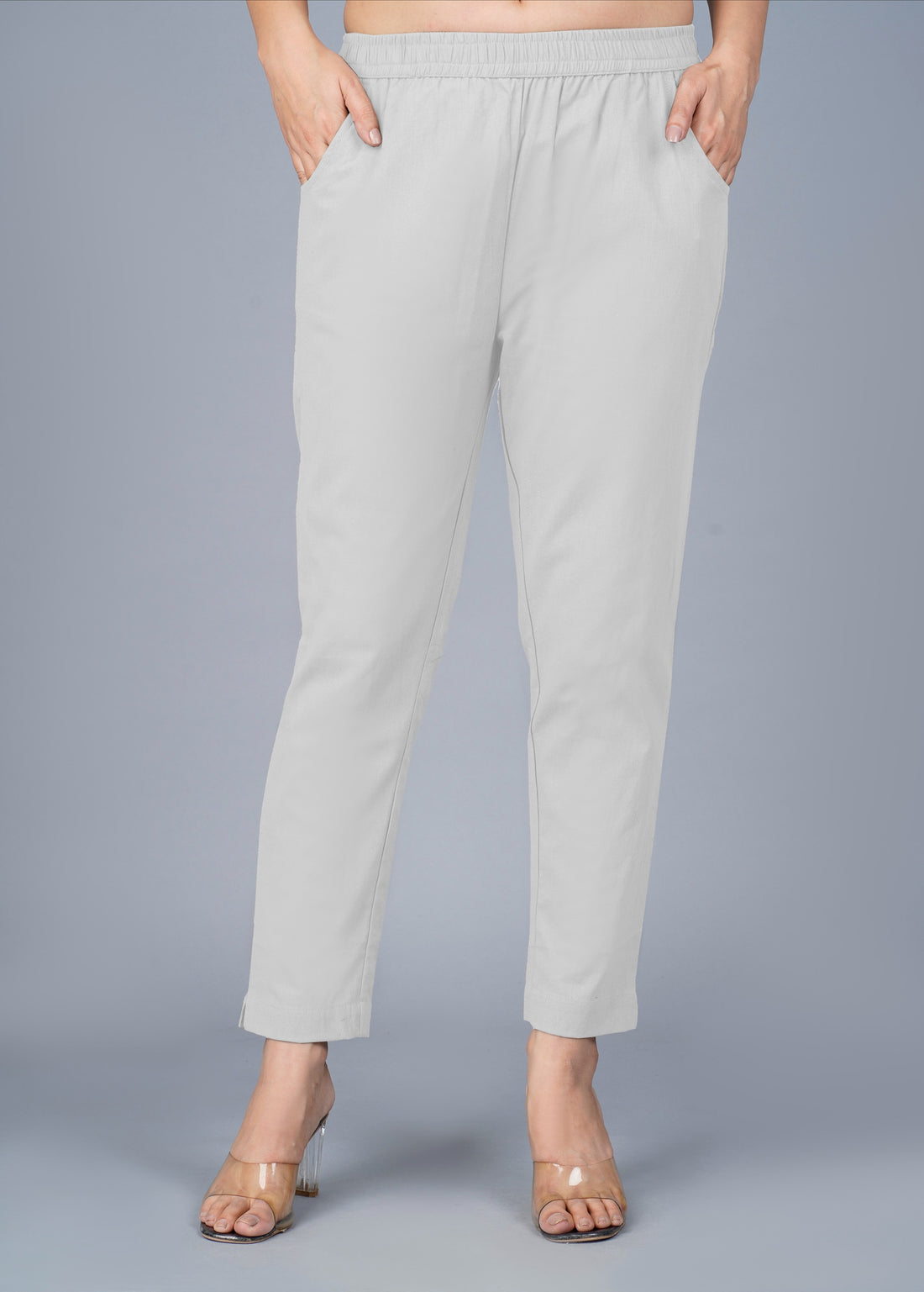 Pack Of 2 Womens Regular Fit Melange Grey And Cream Fully Elastic Waistband Cotton Trouser