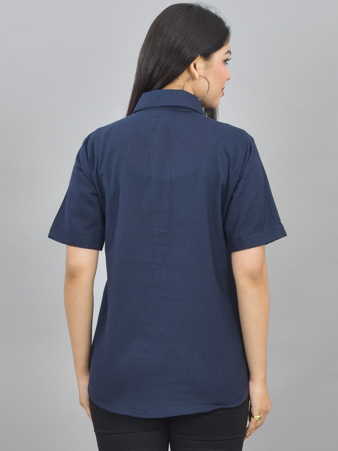Women Solid Navy Blue Half Sleeve Spread Collar Cotton Shirt