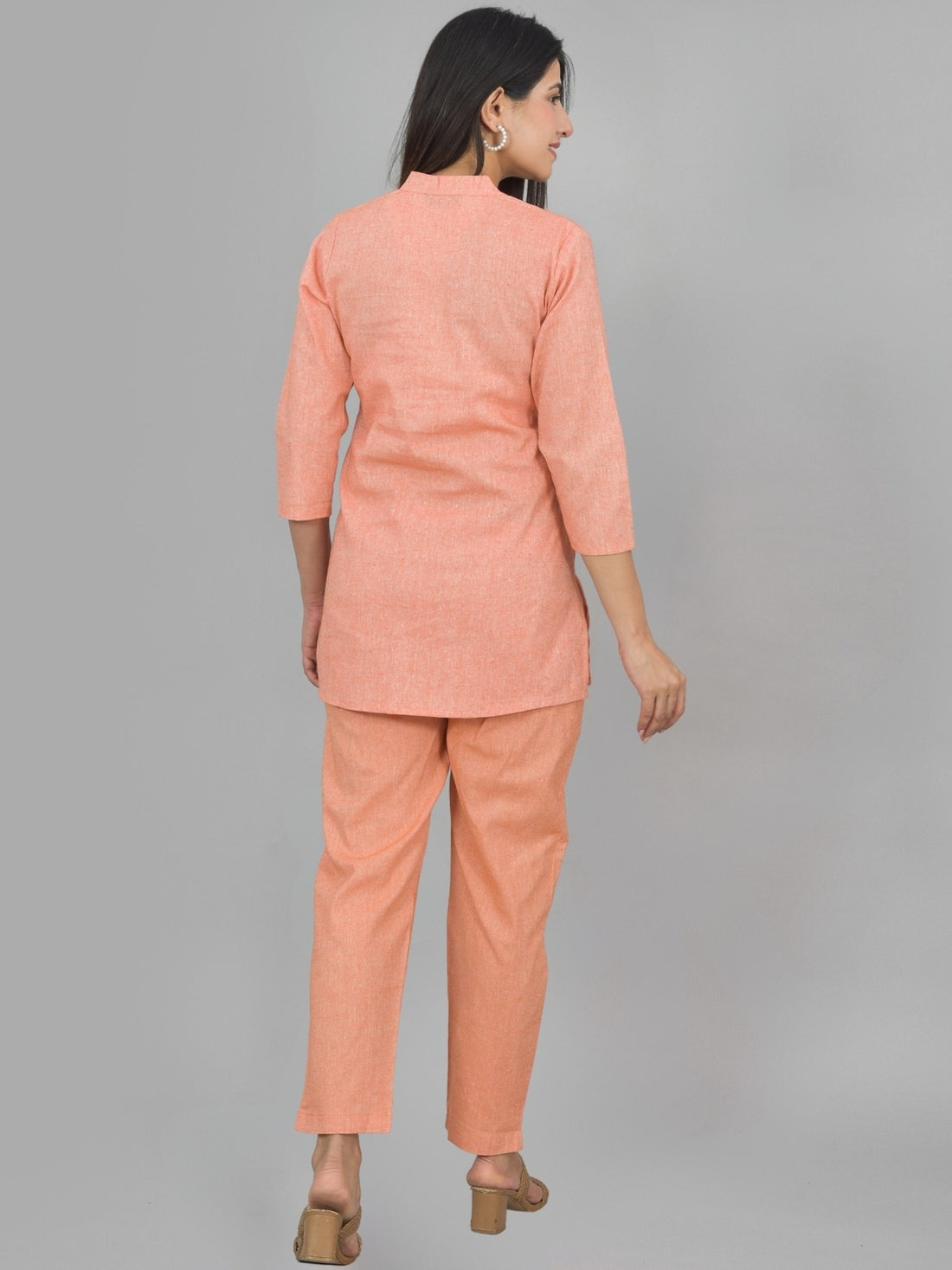 Womens Solid Orange Cotton Top-Pyjama Co-Ords Set