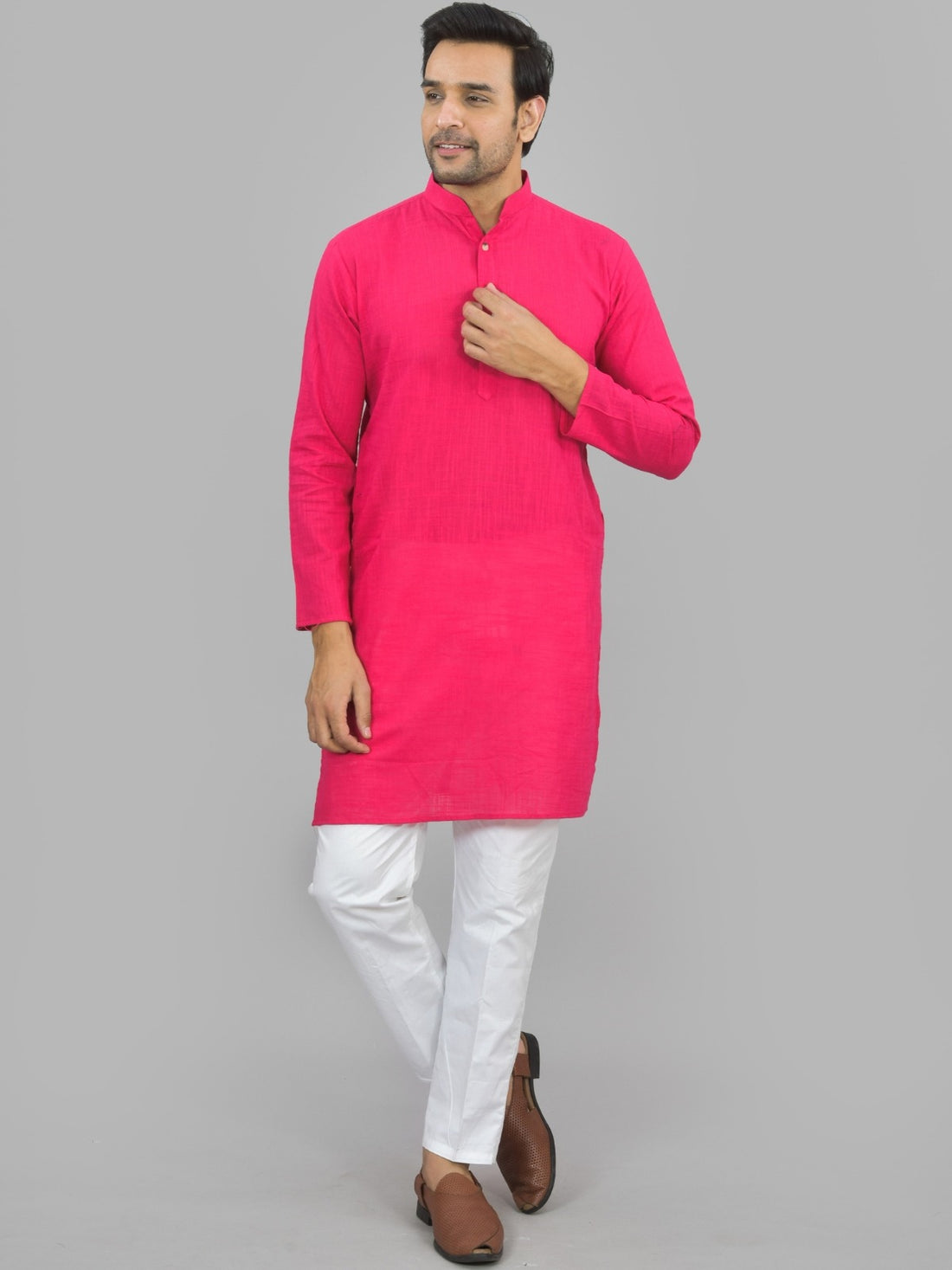 Mens Solid Rani And Wine Cotton Long Kurta Combo