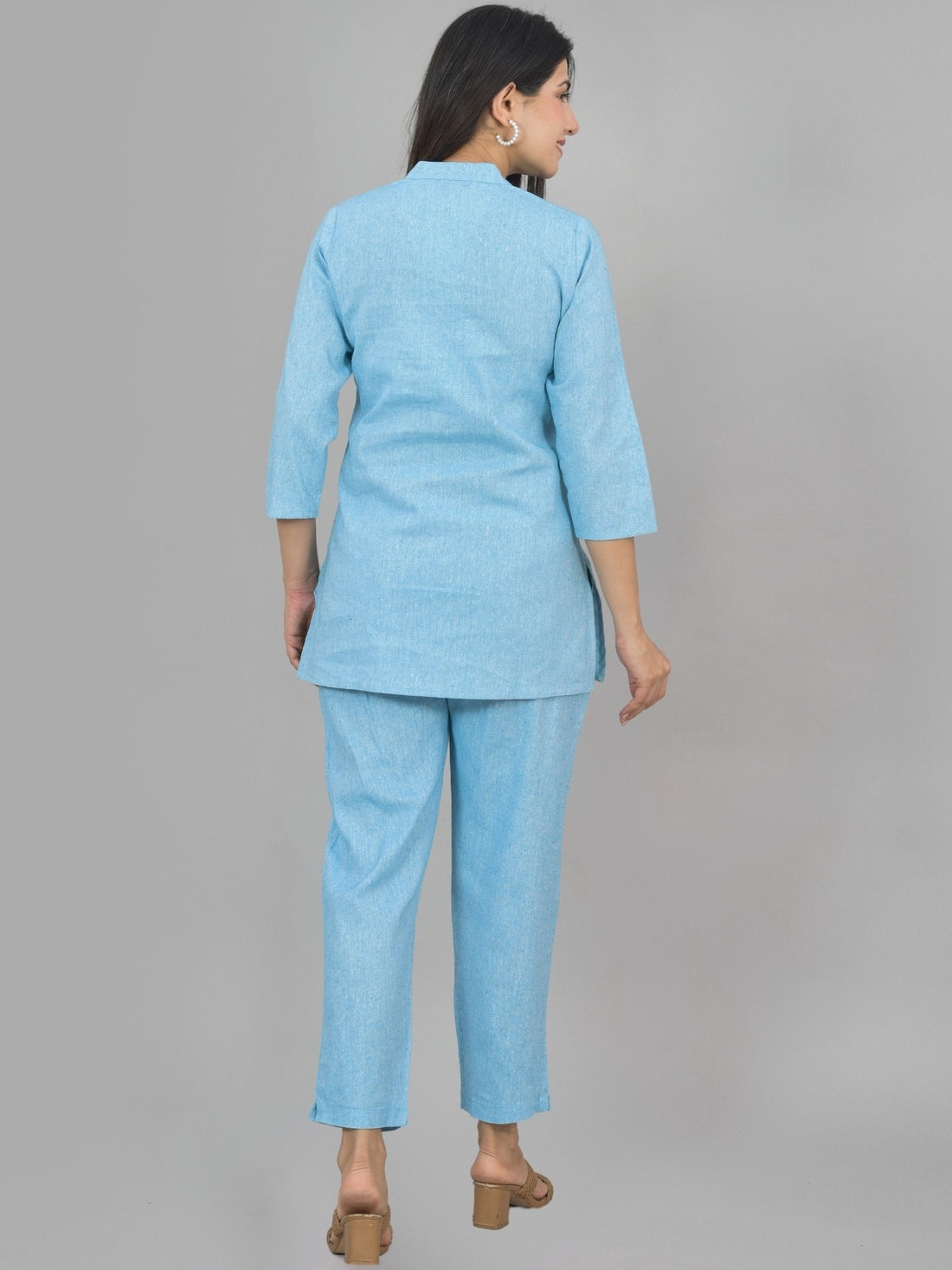 Womens Solid Sky Blue Cotton Top-Pyjama Co-Ords Set