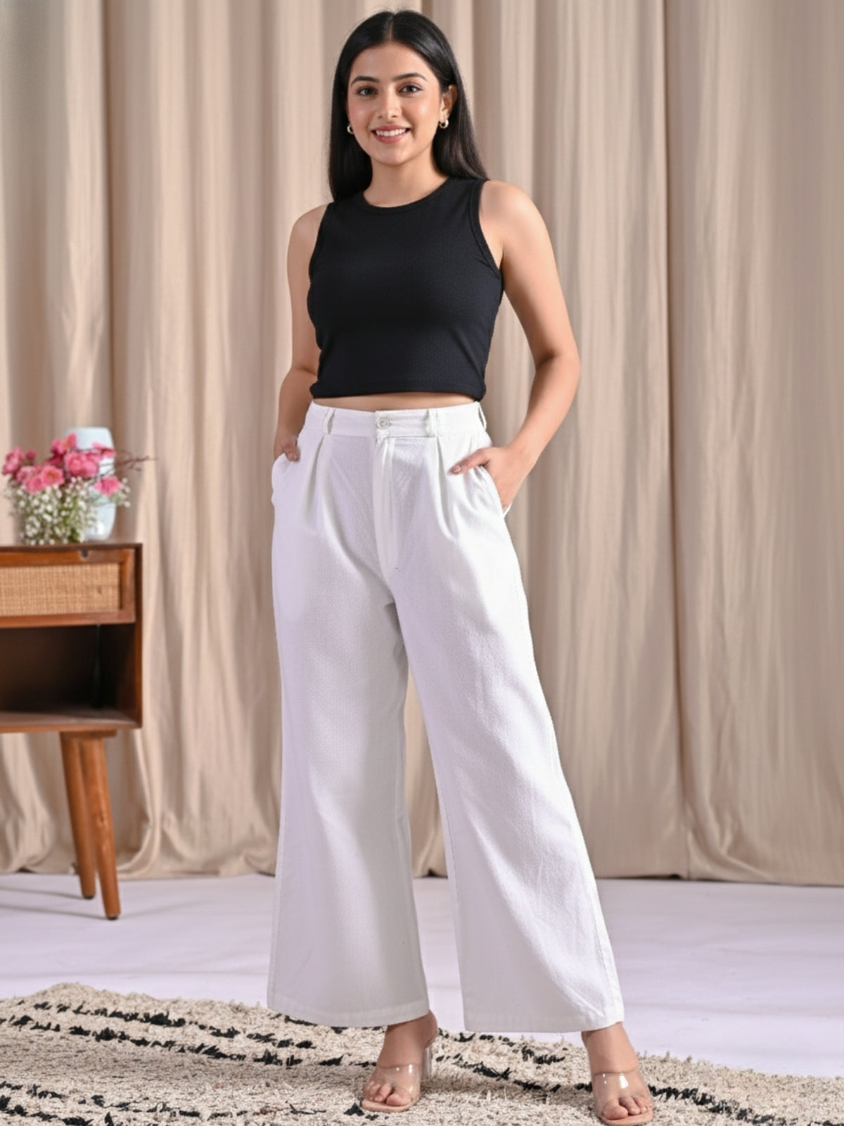 Womens White Cotton Wide Leg Pants QuaClo — free download