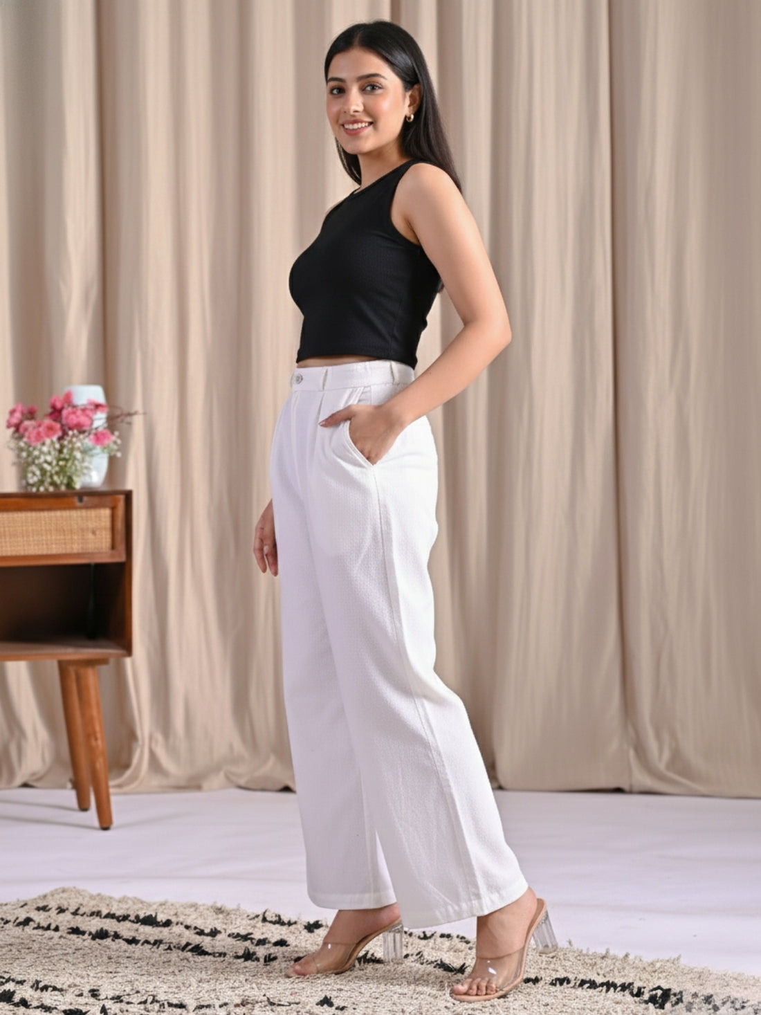 Womens White Cotton Wide Leg Pants