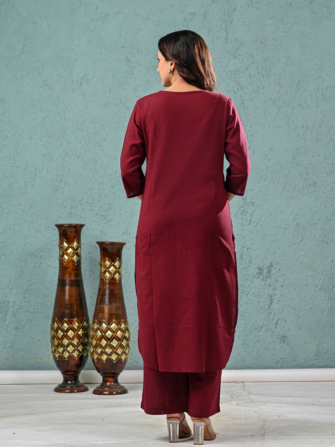 Womens Solid Wine Cotton Kurta Plazzo Set