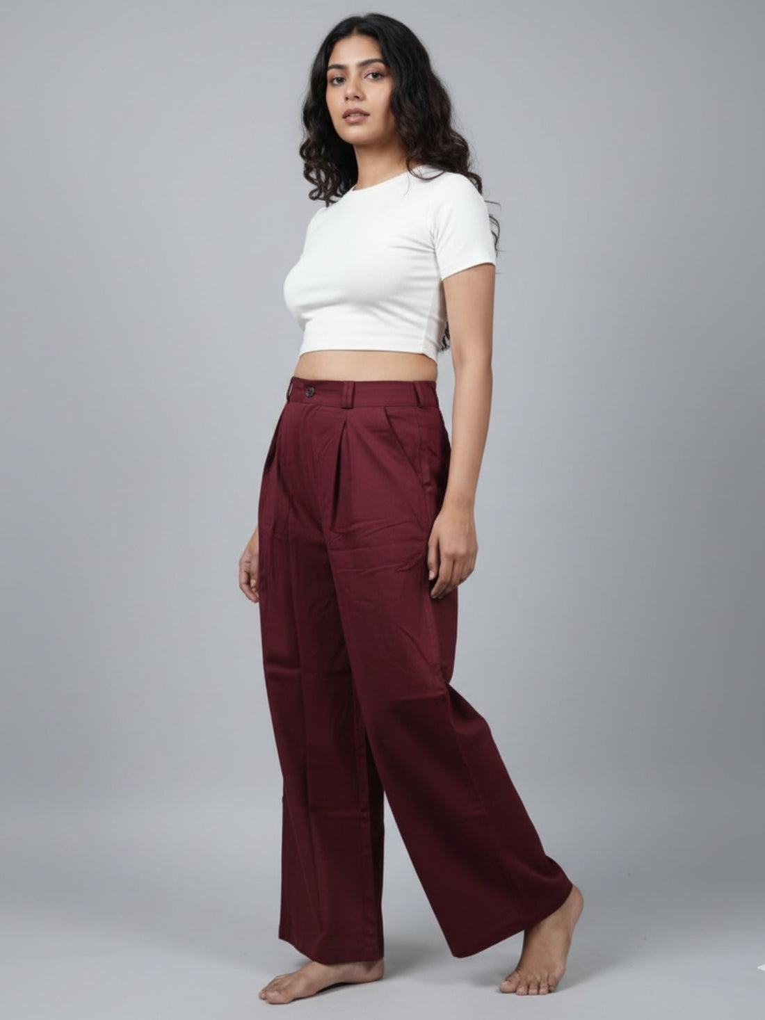 Womens Wine Cotton Wide Leg Pants