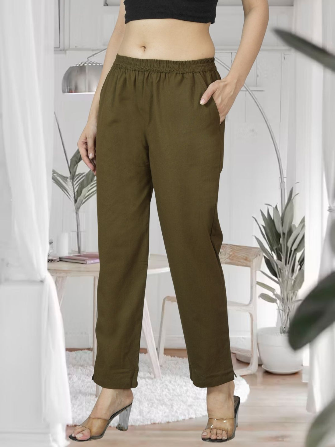 Mehendi Green Fully Elastic Airy Linen Cotton Pants