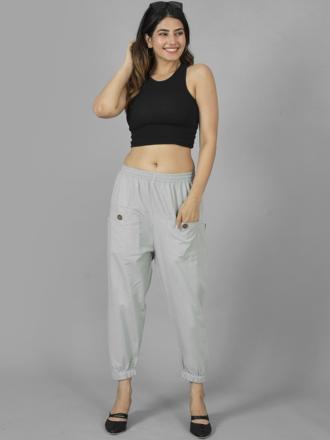 Combo Pack Of Womens Grey And Melange Grey Four Pocket Cotton Cargo Pants