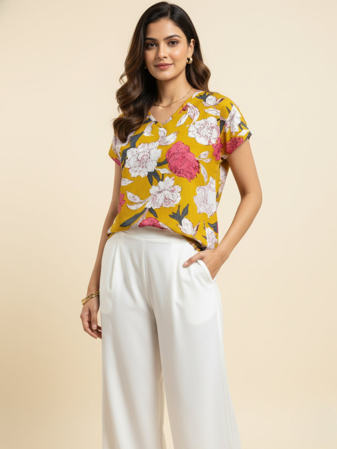 Yellow Airy Linen Cotton Printed Short Kurti/Top