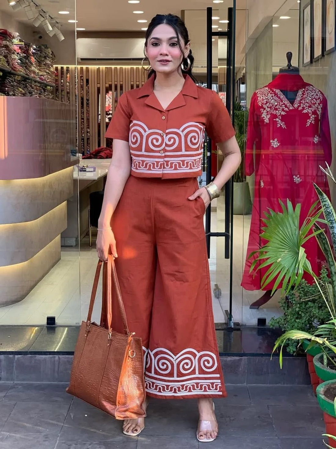 Brick Red  Cotton Embroidery Co-Ord Set
