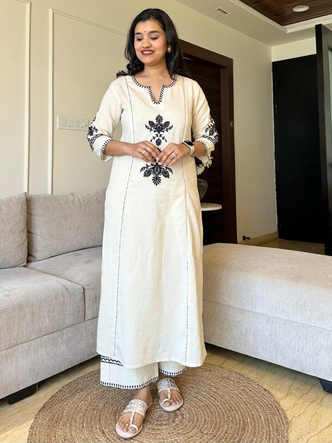 Womens Cream V Neck Embroidery Kurta Plazzo Set