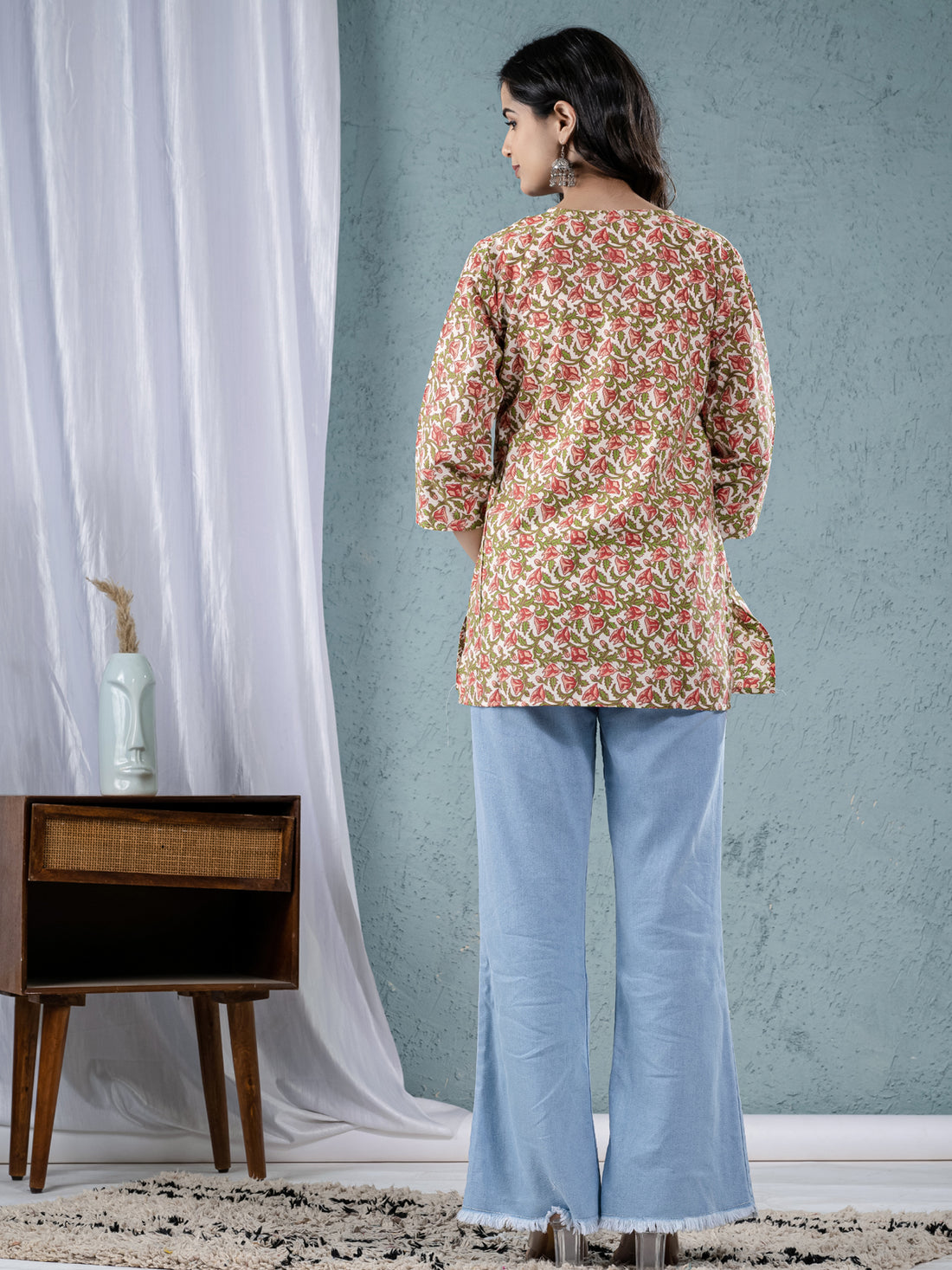 Womens Red Sanganeri Printed Cotton Short Kurti