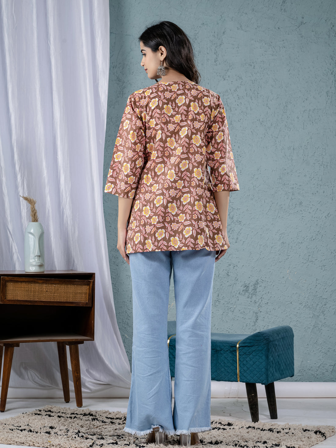 Womens Yellow Sanganeri Printed Cotton Short Kurti