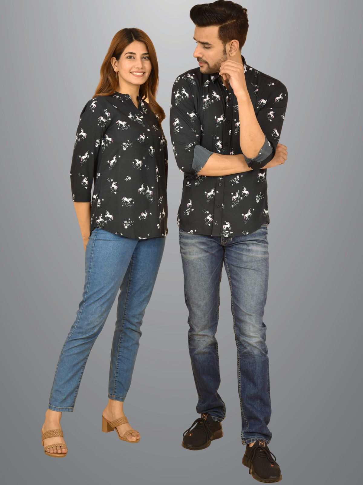 Ethnic Wear Couple Dress Black Crepe Shirt Set 21