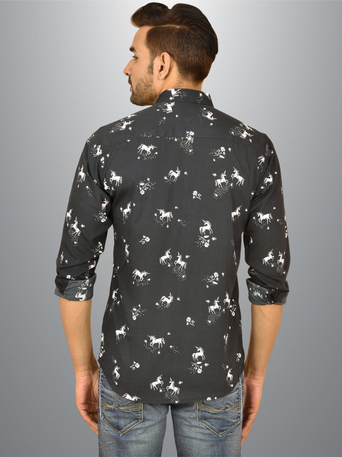 Mens Black Horse Printed Crepe Fabric Shirt