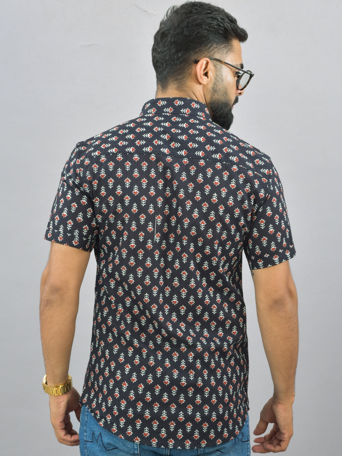 Mens Regualr Fit Half Sleeves Black Floral Printed Cotton Shirt
