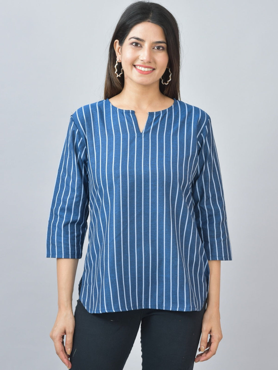 Pack Of 2 Dark Blue And Grey Striped Cotton Womens Top Combo