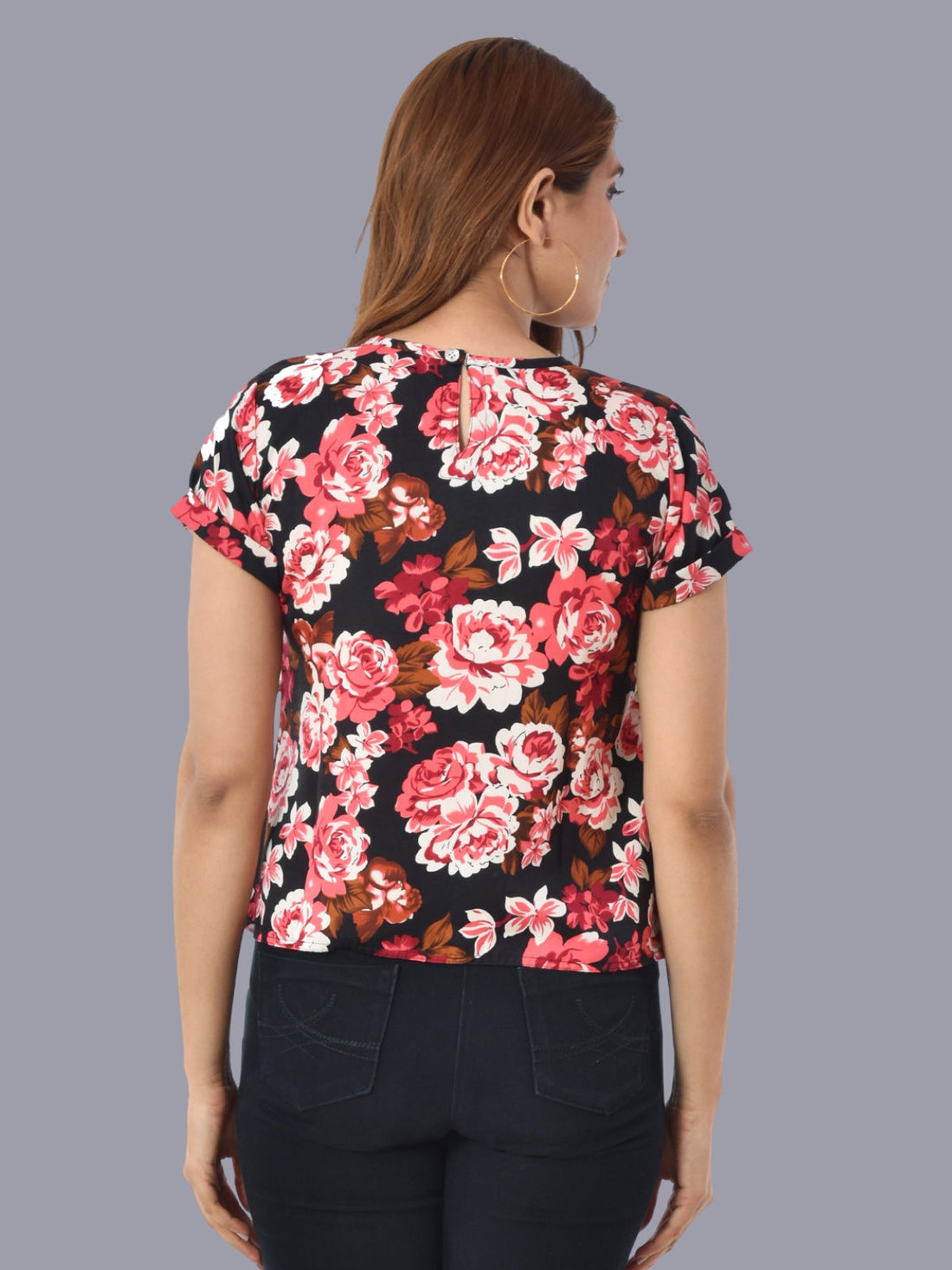Womens Black Pink Flower Printed Crepe Crop Top
