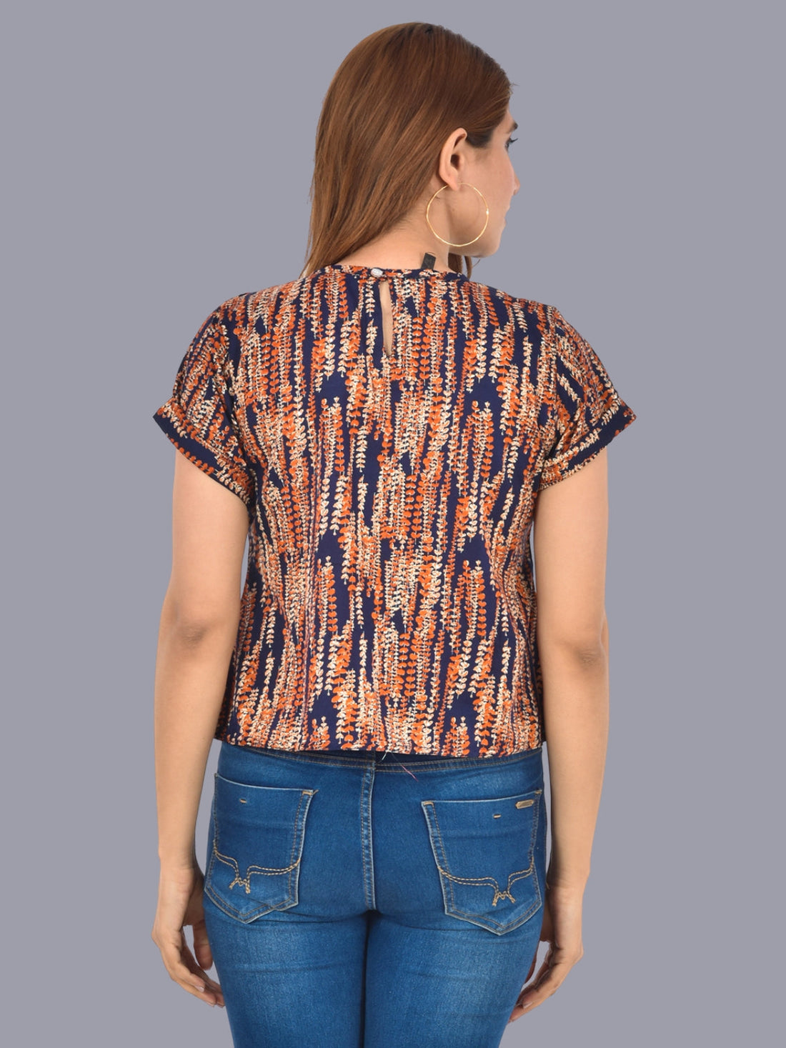 Womens Blue Brown Printed Crepe Crop Top