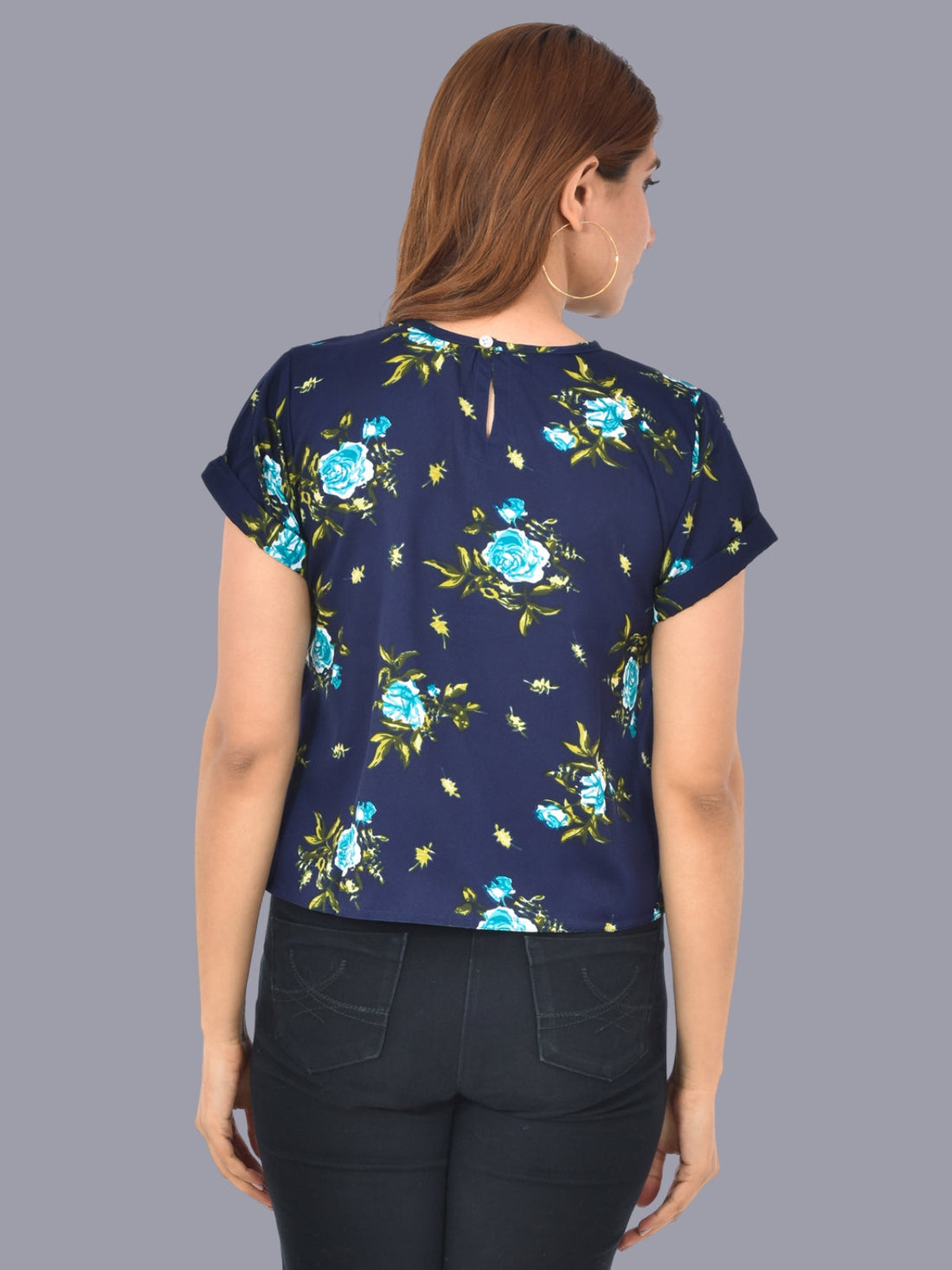 Womens Dark Blue Green Flower Printed Crepe Crop Top