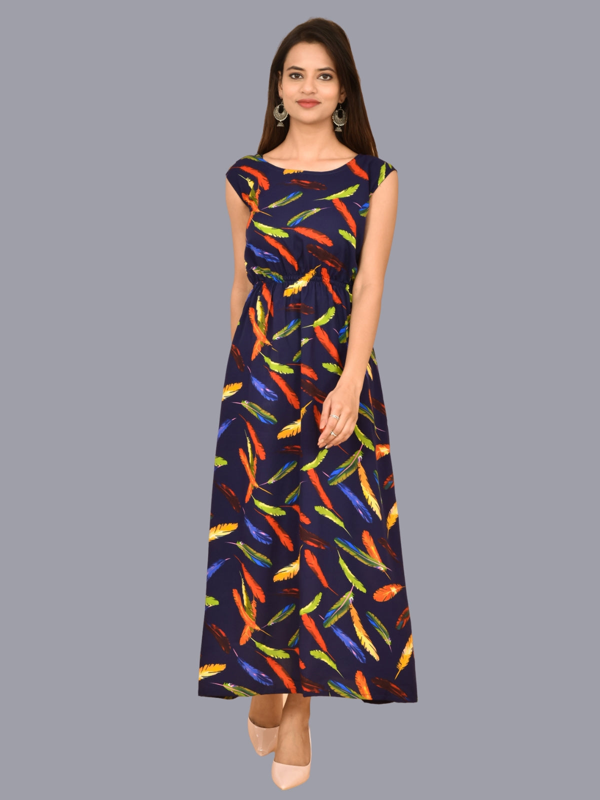 Womens Feather Design Printed Crepe Fabric Maxi Dress – QuaClo