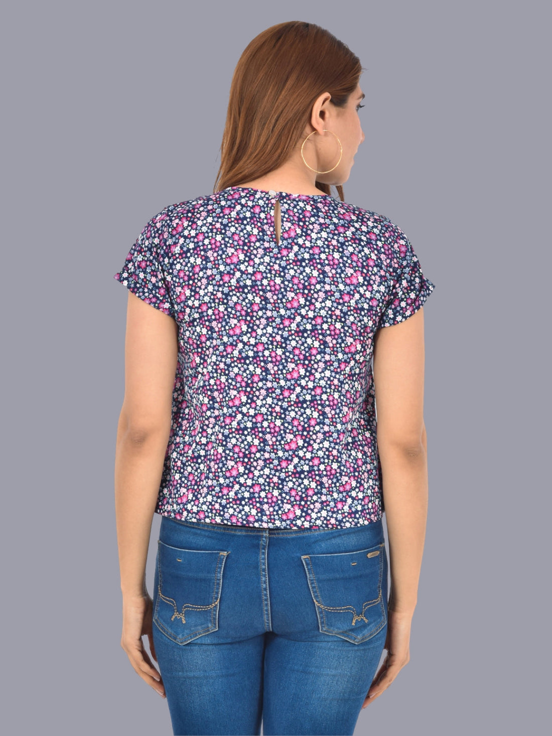 Womens Blue White Dot Printed Crepe Crop Top