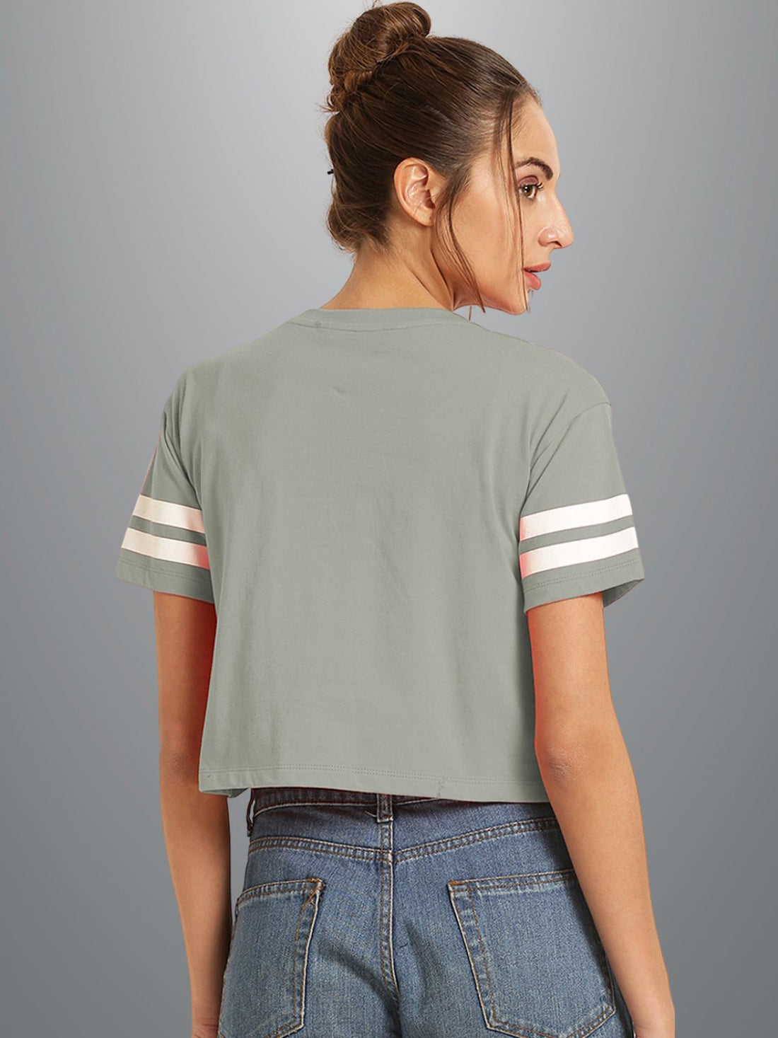 Womens Solid Melange Grey Cotton Crop Top With Designer White Stripe